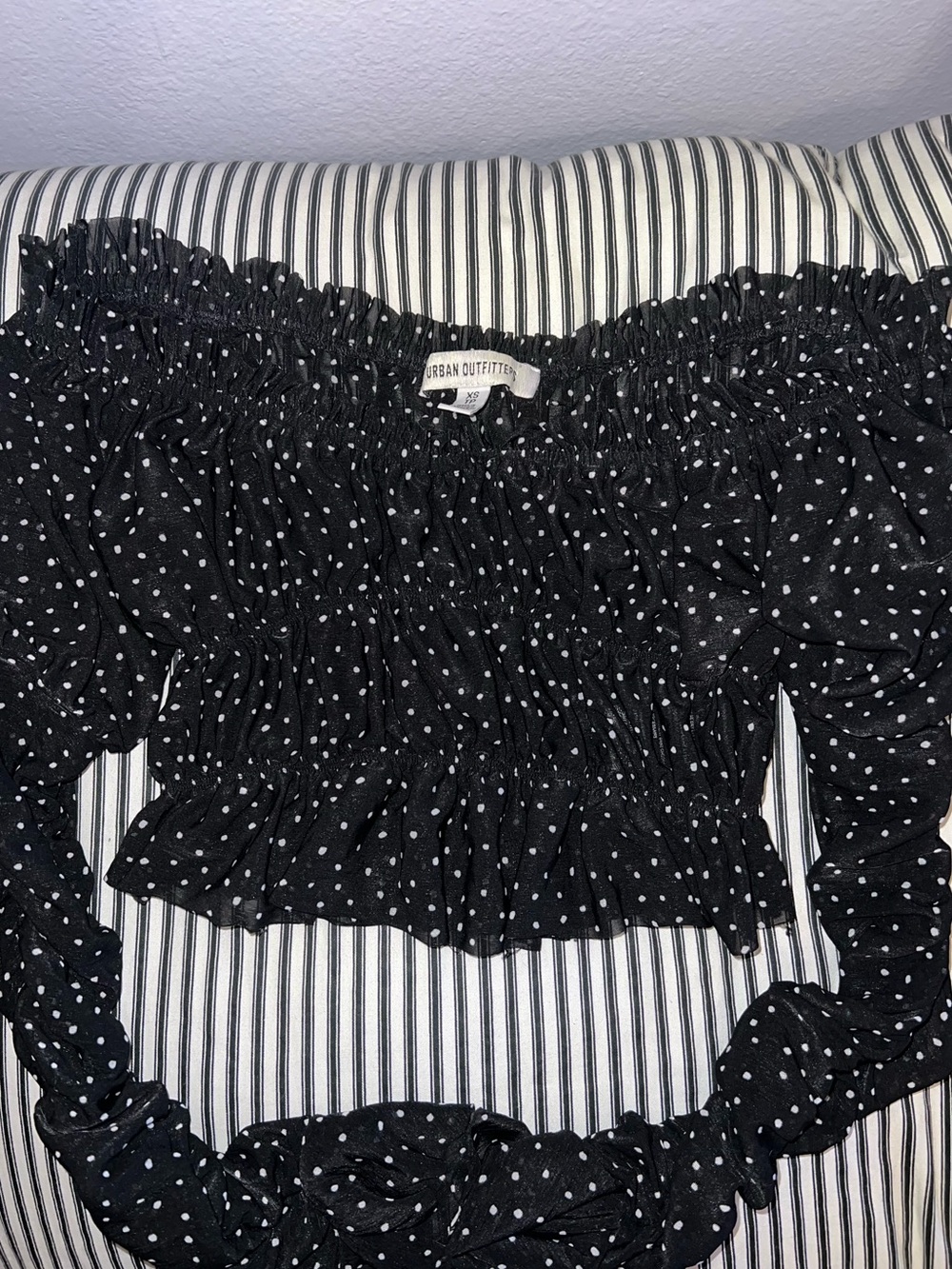Urban Outfitters Black & White Polka Dot Off-Shoulder Smocked Crop Top